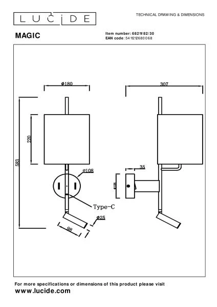 Lucide MAGIC - Wandleuchte - 1xE27 - Mit USB-Ladepunkt - Schwarz - technisch